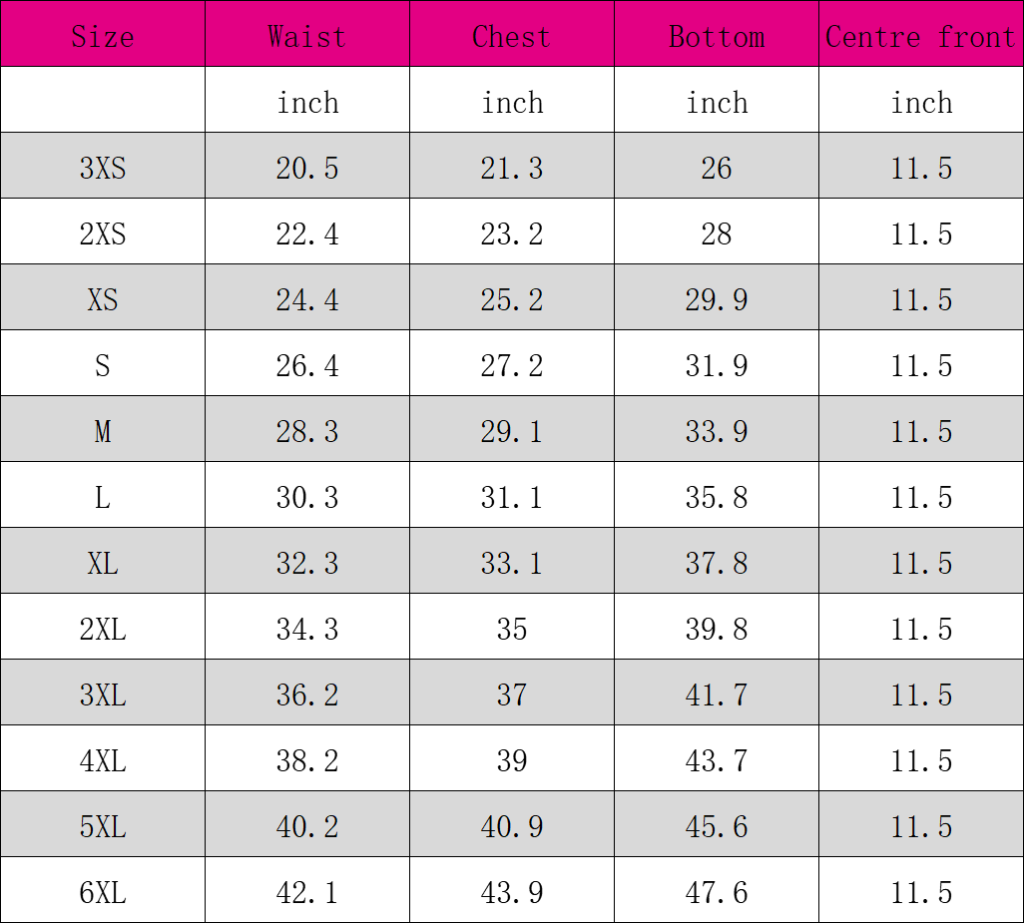 The size chart of OK fabric 9 steel bones waist trainer