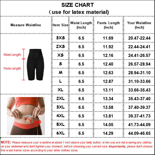 The size chart of Latex Waist Trainer Without Steel Bones