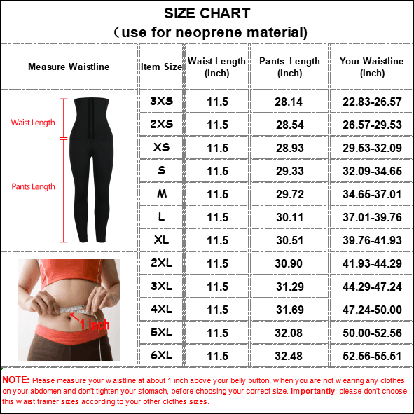 The size chart of Neoprene Classical Waist Trainer Jumpsuit Pants