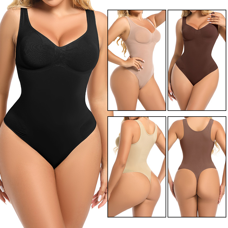 a model poses wearing the seamless sculpt V-Neck thong shapewear bodysuit