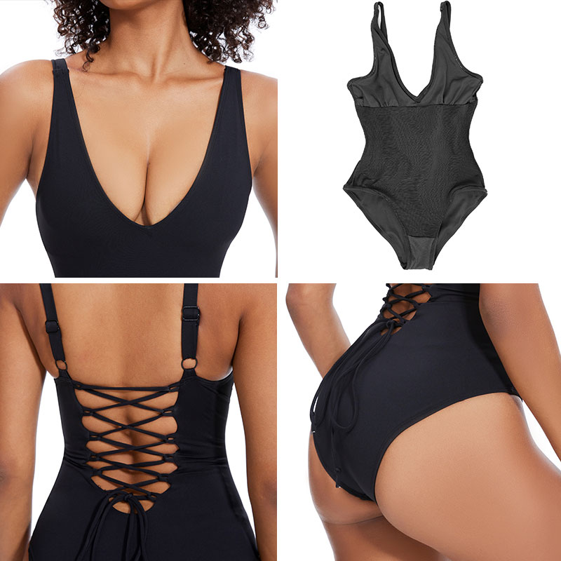 black Sculpt backless lace-up Corset Swimsuits by detail