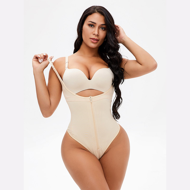 Tummy Control Full Body Plus Size Open Bust Bodysuit beige front view
