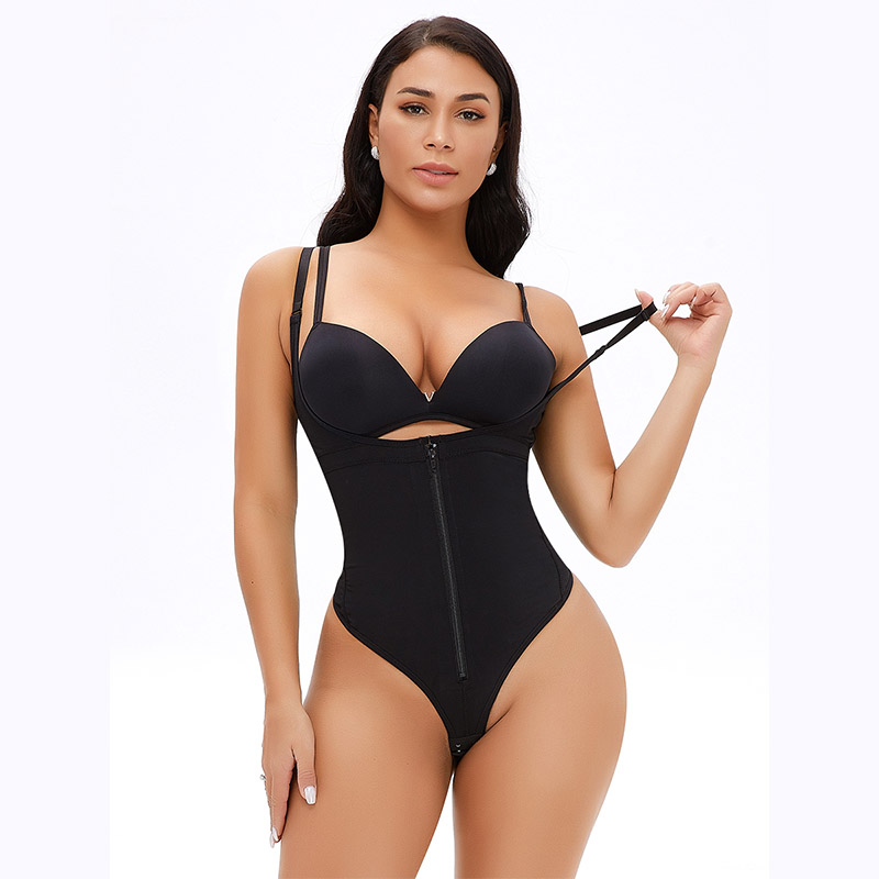 Tummy Control Full Body Plus Size Open Bust Bodysuit model black front view