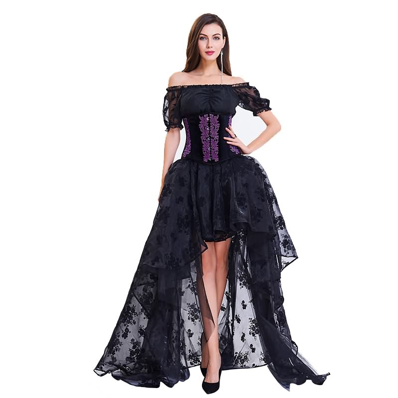 Whole Sight of Black and Purple Embroidery Bandage Slimming Corset