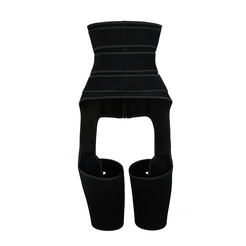 The back of black three-belts waist trainer with thigh shaper 