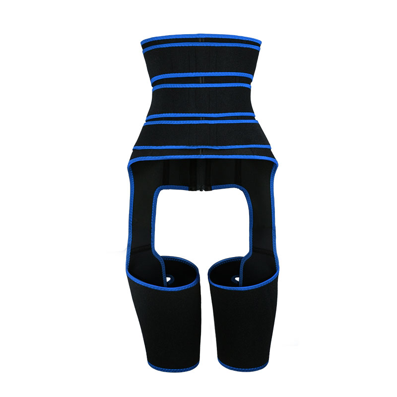 The back of blue three-belts waist trainer with thigh shaper 