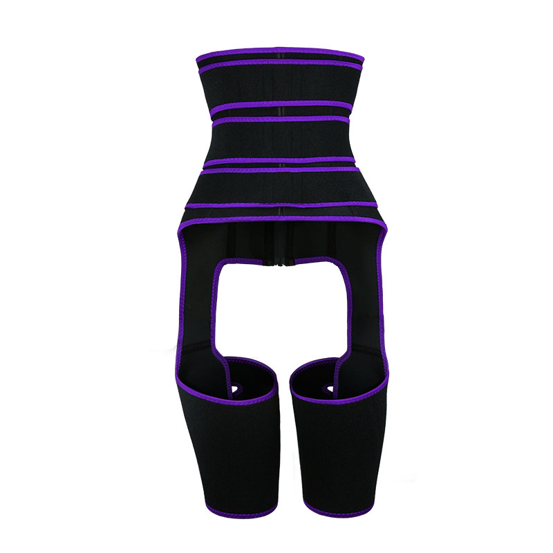 The back of purple three-belts waist trainer with thigh shaper 