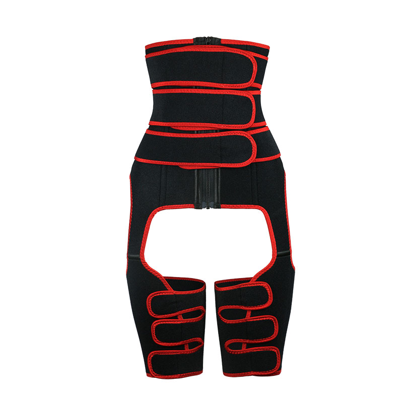 The front of red three-belts waist trainer with thigh shaper 