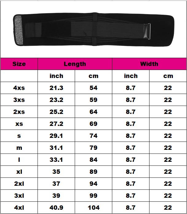 The size chart of OK fabric gym waist trainer wholesale