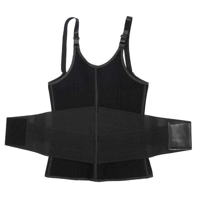 black adjustable shoulder strap waist trainer vest with zipper