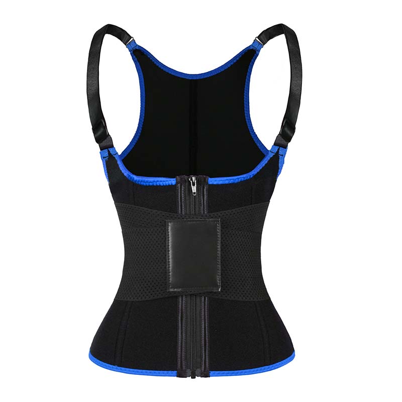 blue adjustable shoulder strap waist trainer vest with zipper