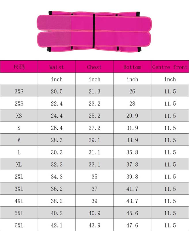 The size chart of pink double band waist trainer with zipper