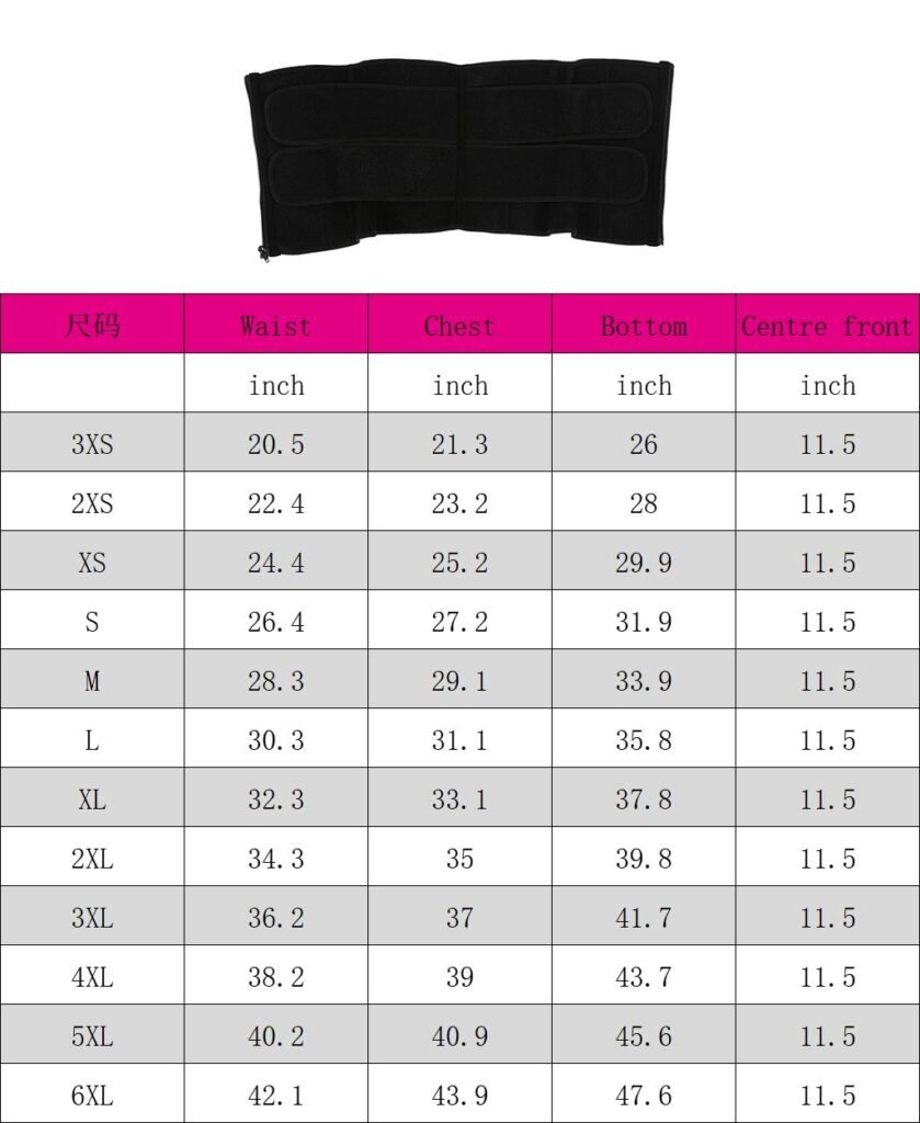 custom double belt waist trainer with YKK zipper size chart