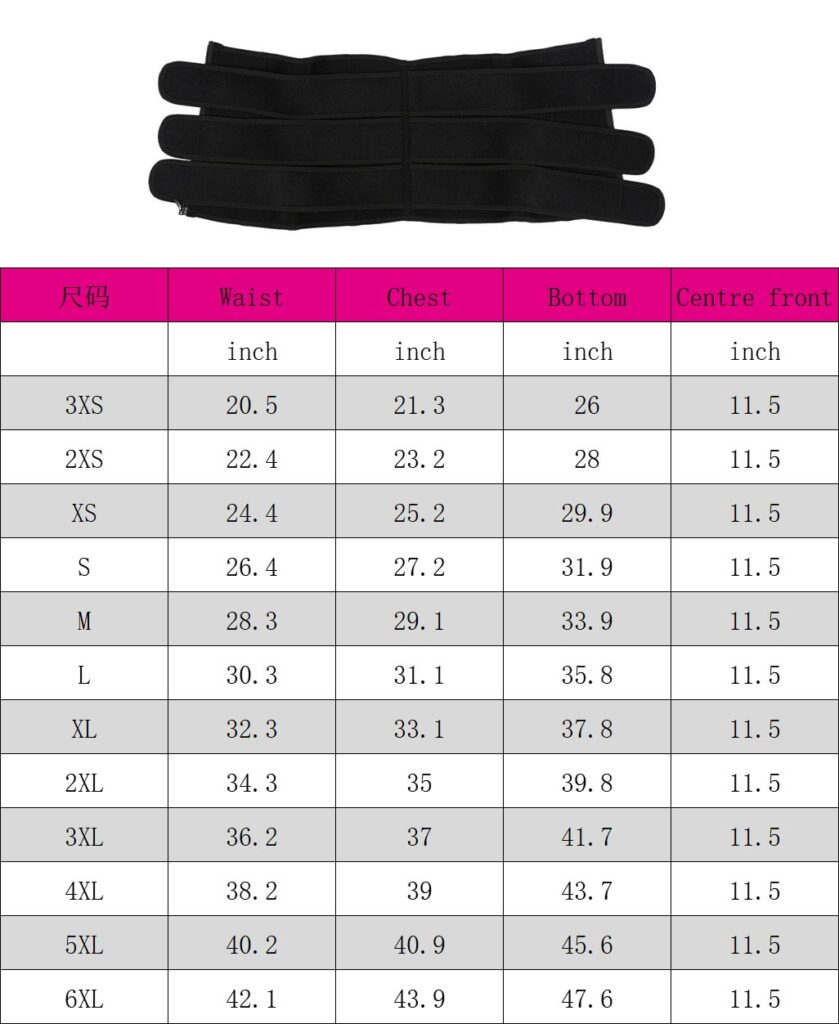 The size chart of custom YKK zipper waist trainer with 3 belts