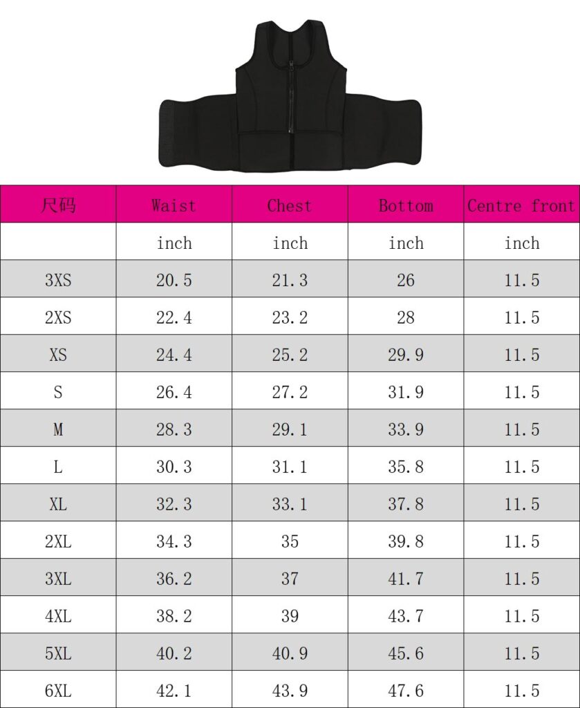 wholesale waist trainer vest with zipper size chart