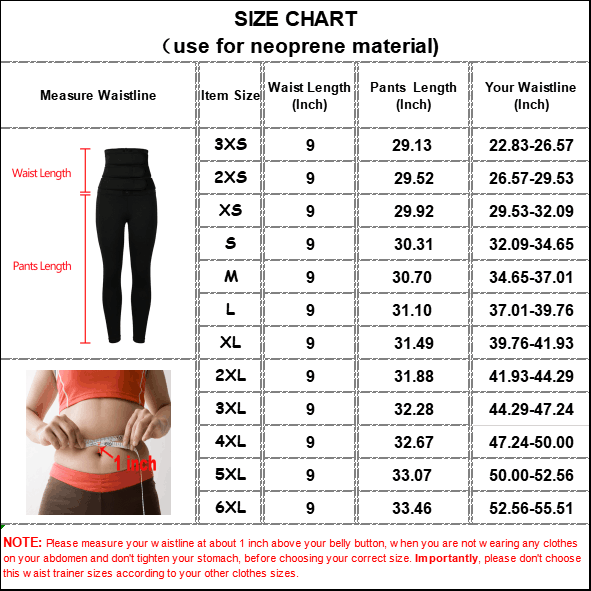 The size chart of 9 Steel Boned Waist Trainer