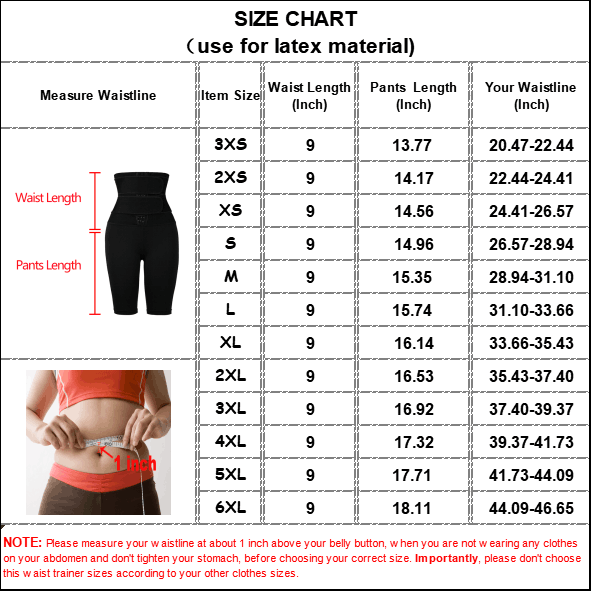 The size chart of Latex Non-steel-bonded Waist Trainer