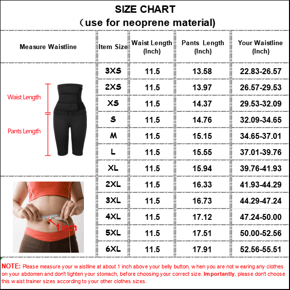 The size chart of Three Belt Neoprene Waist Trainer With Pants 