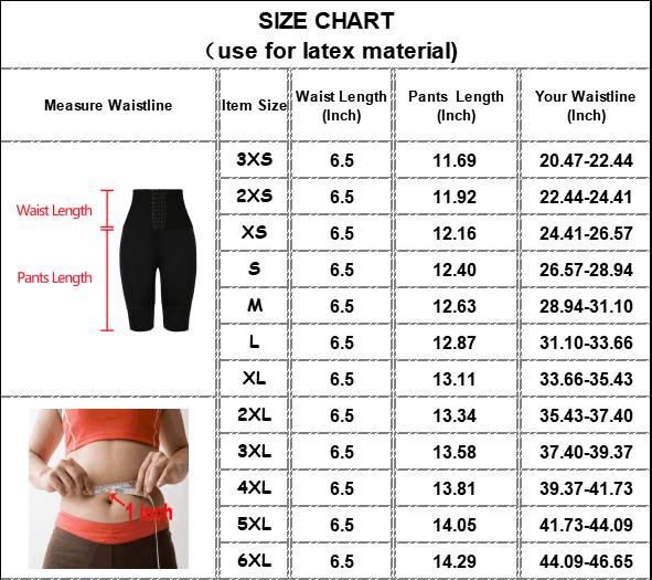 The size chart of Three-layer Latex Waist Trainer Without A Belt
