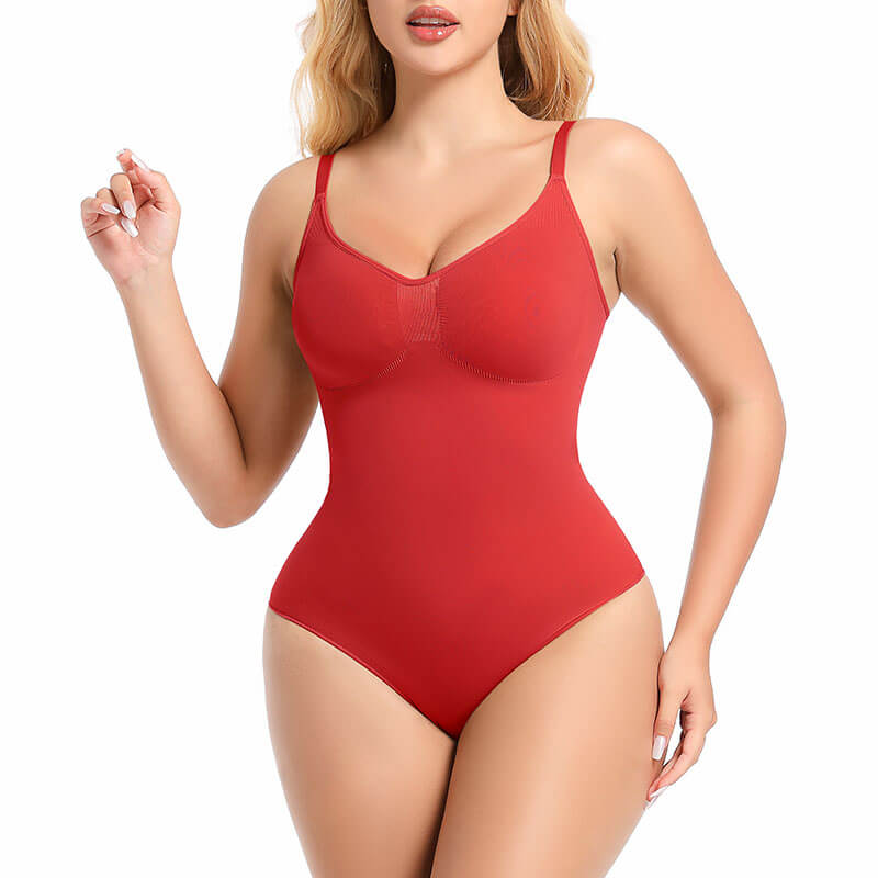 a women wearing seamless sculpt red brief bodysuit in front view