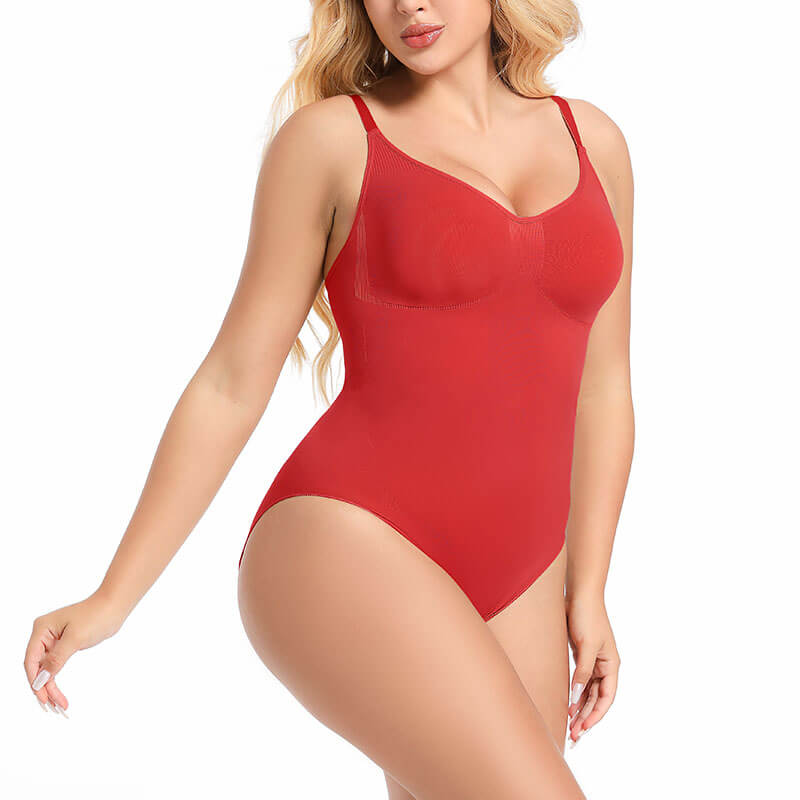 woman wearing red sculpt brief bodysuit standing sideways