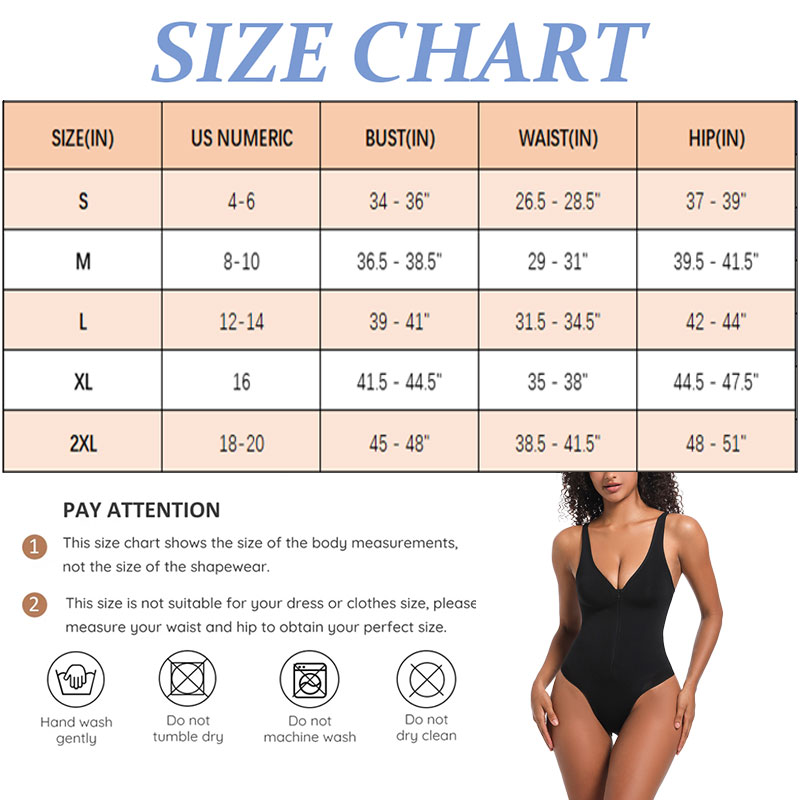 Zip up bodysuit size detail display