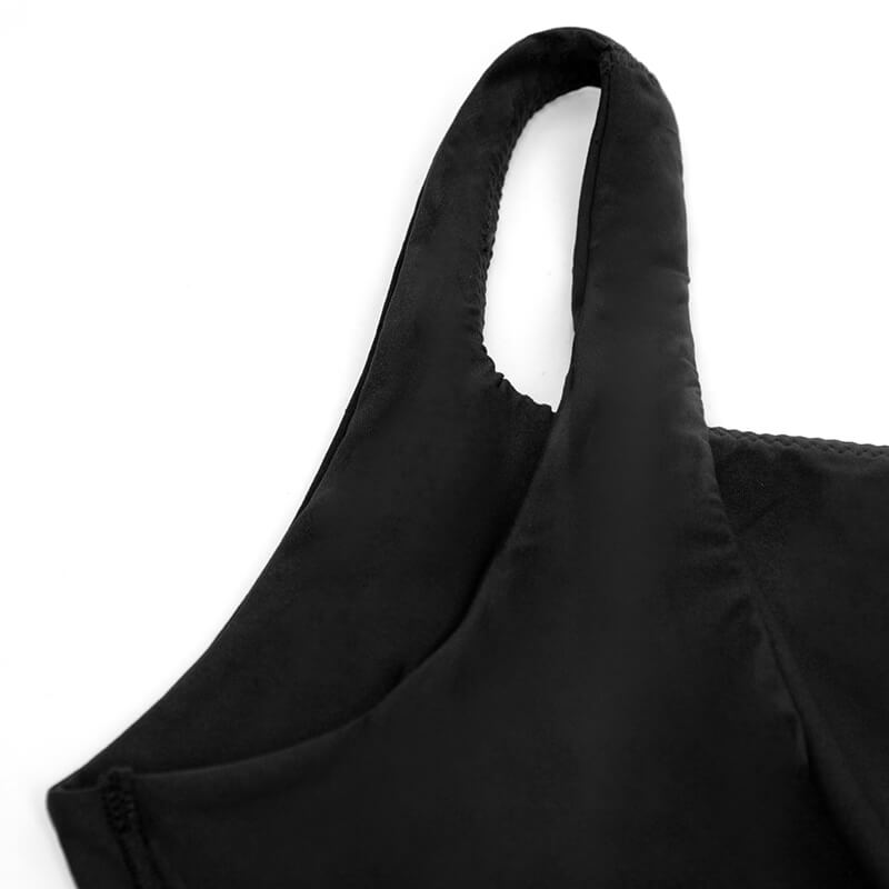 Close-up of a black women's black tank top shoulder strap construction and smooth, stretchable fabric, showcasing quality details.