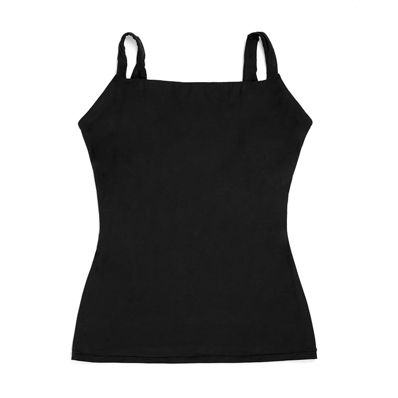 Flat lay front view of a black tank top with wide shoulder straps, ideal as a layering piece or basic top,