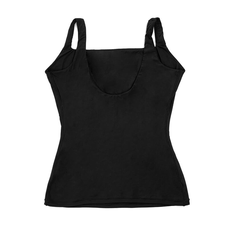 Back flat lay of a black women's black tank top, showing the U-shaped back and simple design, suitable for everyday wear or as an undershirt