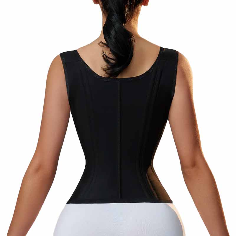 black sculpt hourglass vest waist trainer shoulder strap back by model back view