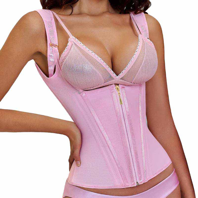pink sculpt hourglass vest waist trainer shoulder strap back by model
