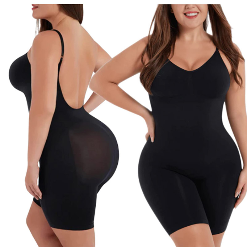 black seamless mid thigh backless tummy control shapewear by a model