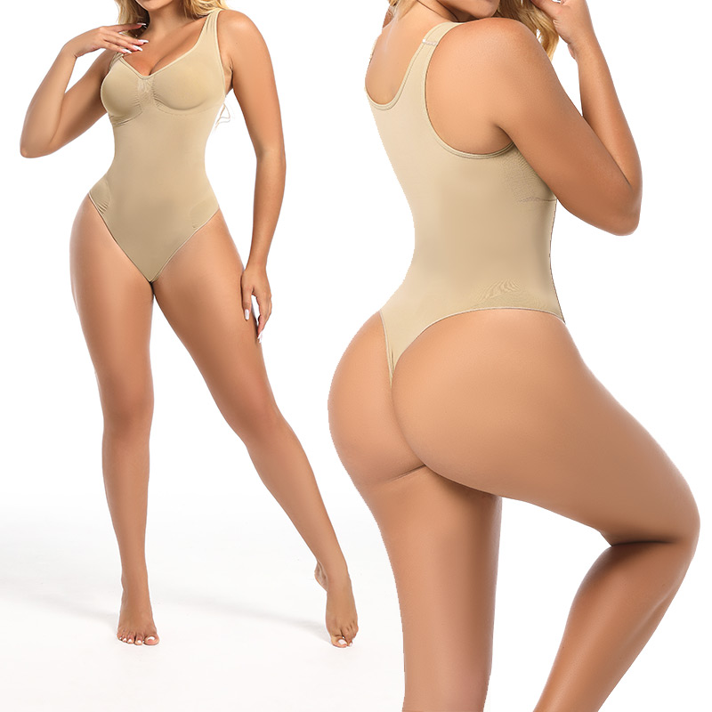 beige seamless sculpt thong waist cincher corset by model