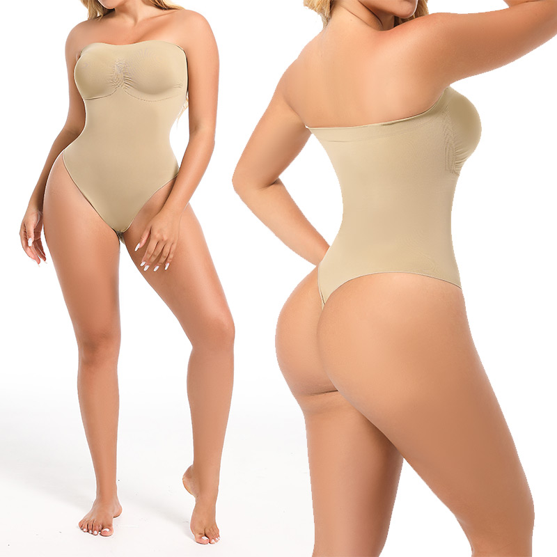 beige seamless sculpt strapless waist cincher corset by model