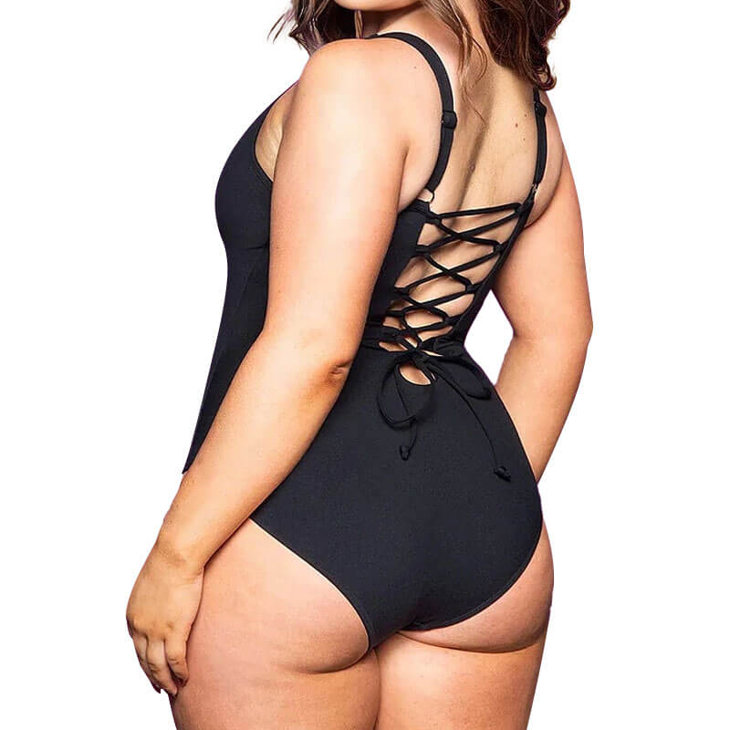 black Sculpt backless lace-up Corset Swimsuits by model back view