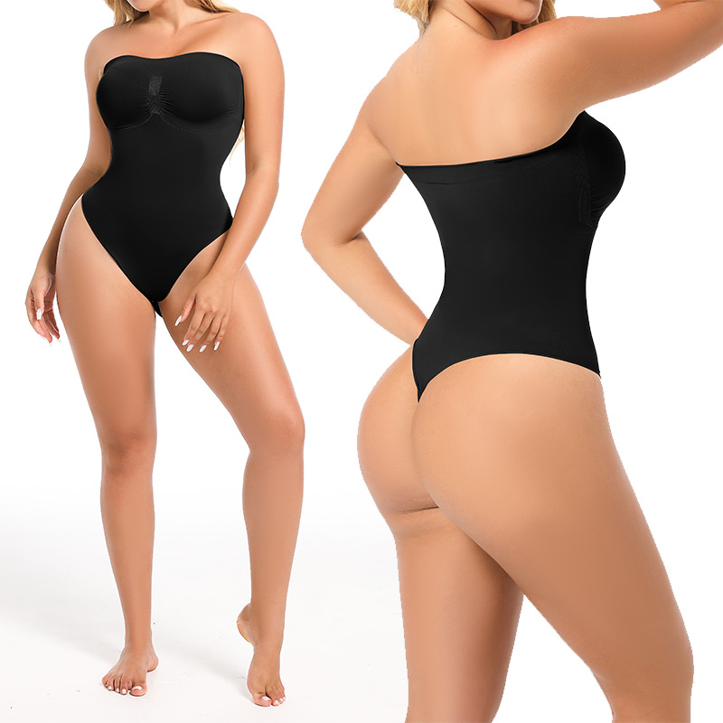 black seamless sculpt strapless waist cincher corset by model