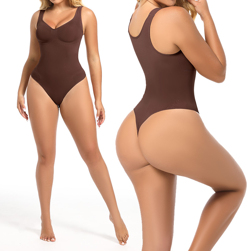 brown seamless sculpt thong waist cincher corset by model