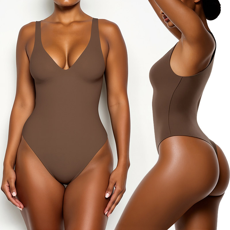 brown seamless scuplt plumge thong shapewear by a model