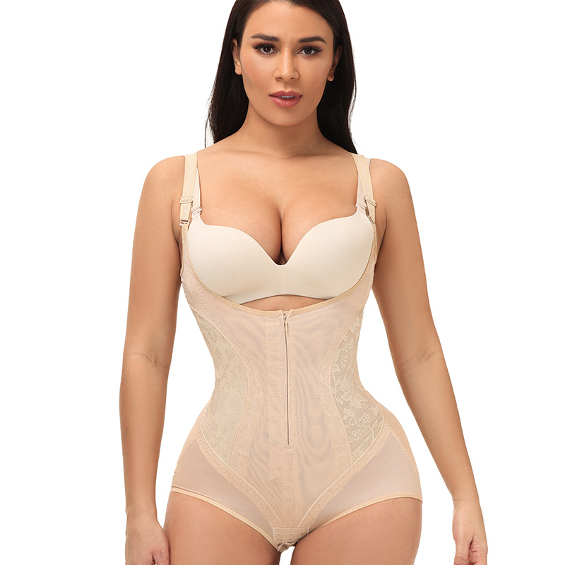 Tummy Control Open Bust Bodysuit by a model view beige