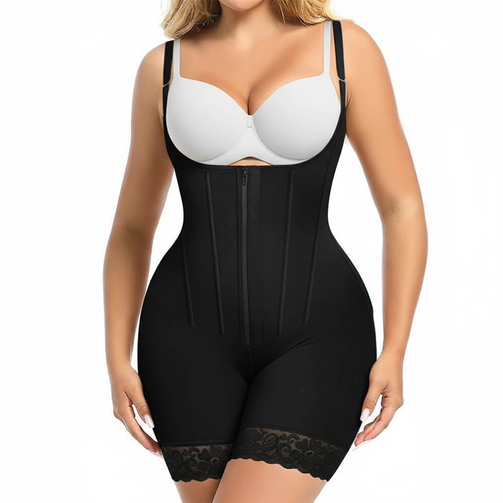 black underbust powernet colombian fajas bbl body shaper worn by a model in front view